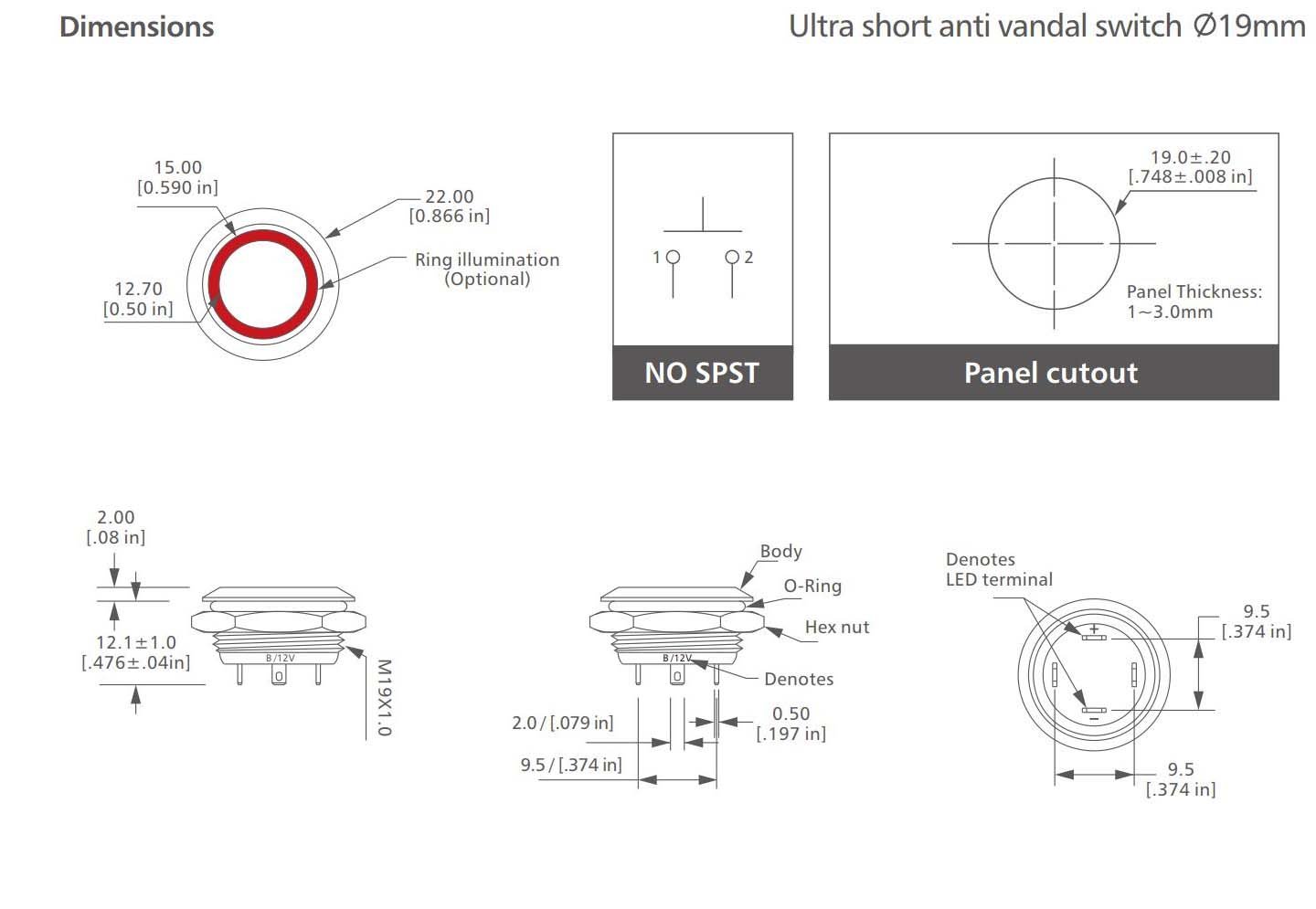 1-L19U Series short body Anti vandal switch drawing