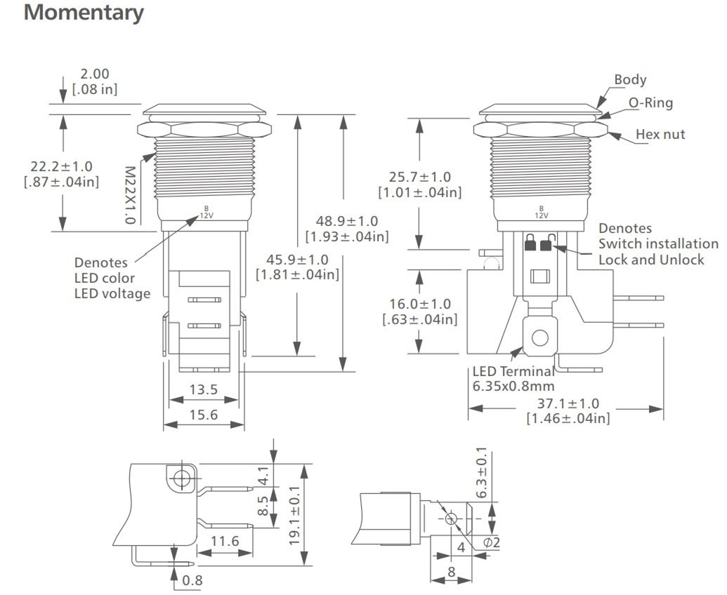 L22B Series anodized aluminum Anti vandal switch drawing
