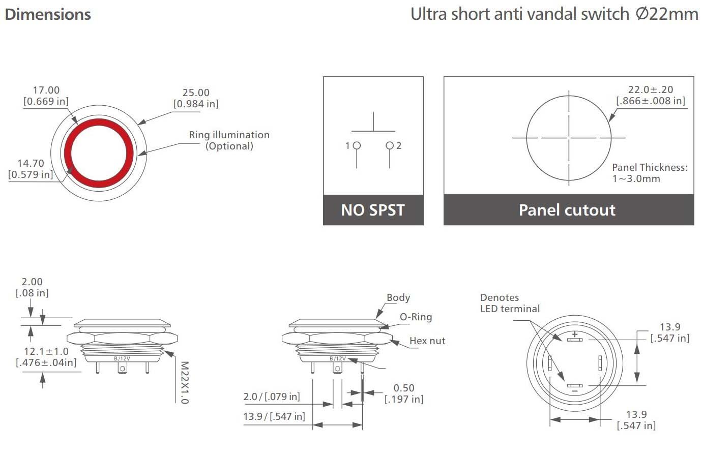 L22U Series 4 pins Anti vandal switch drawing