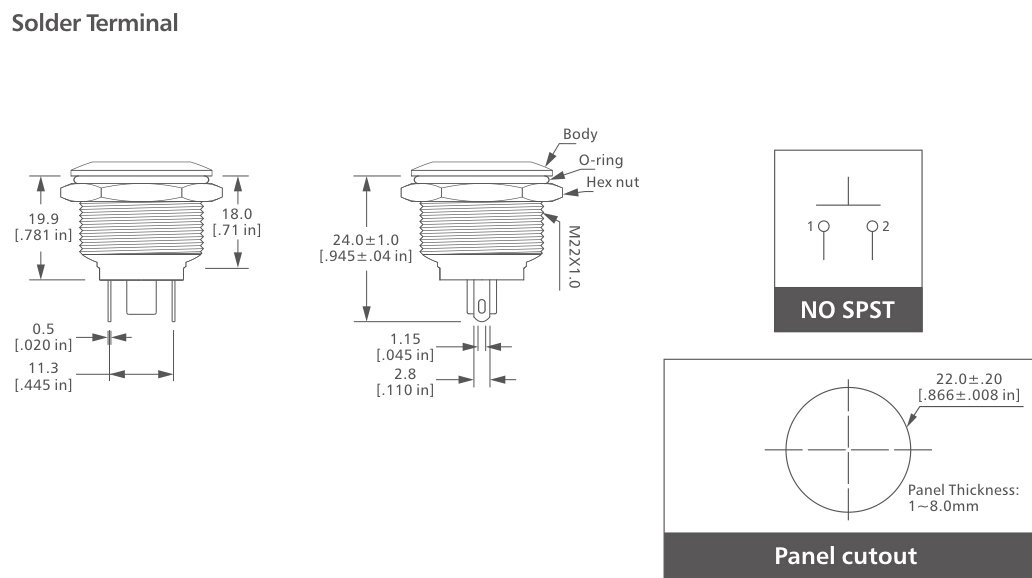 1-V22 Series momentary action Anti vandal switch drawing
