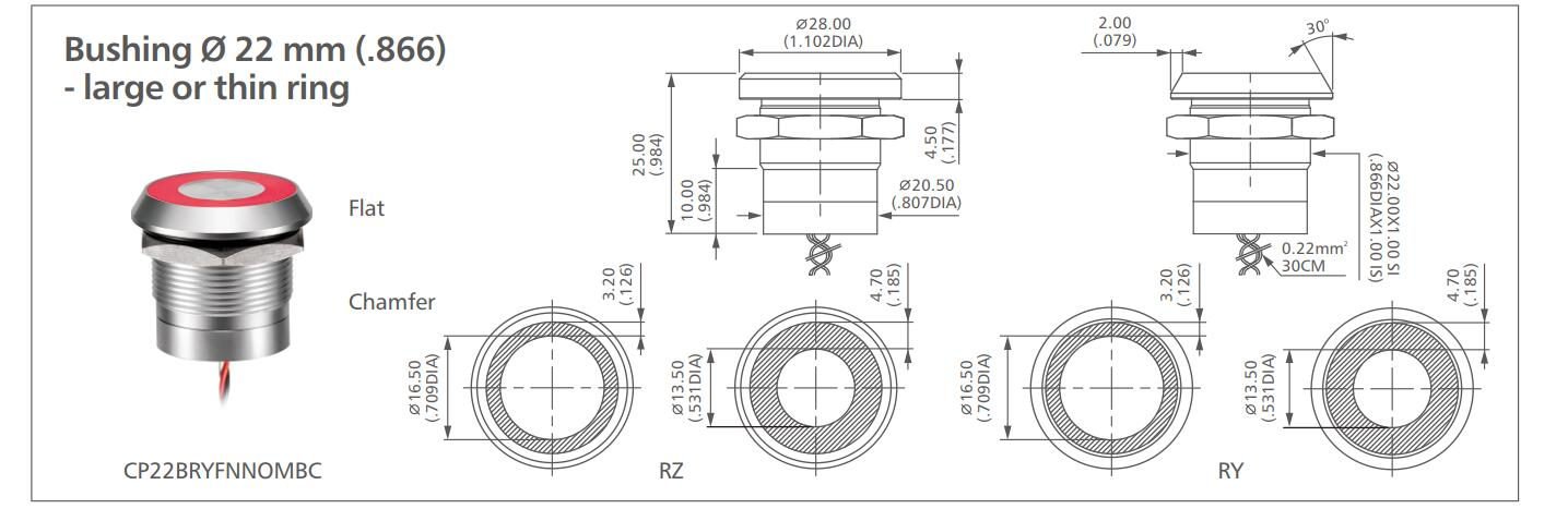 CP22 Series latching capacitive switch switch drawing