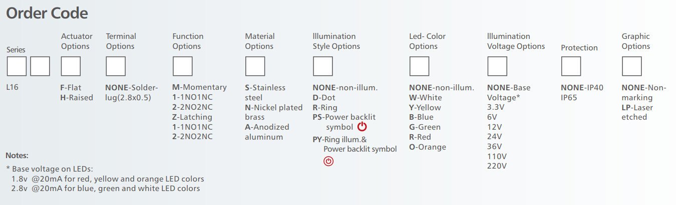 L16 Series led illuminated Anti vandal switch order code