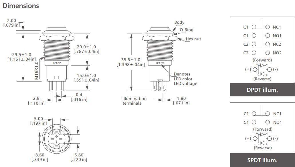 L16 Series metal illuminated Anti vandal switch drawing