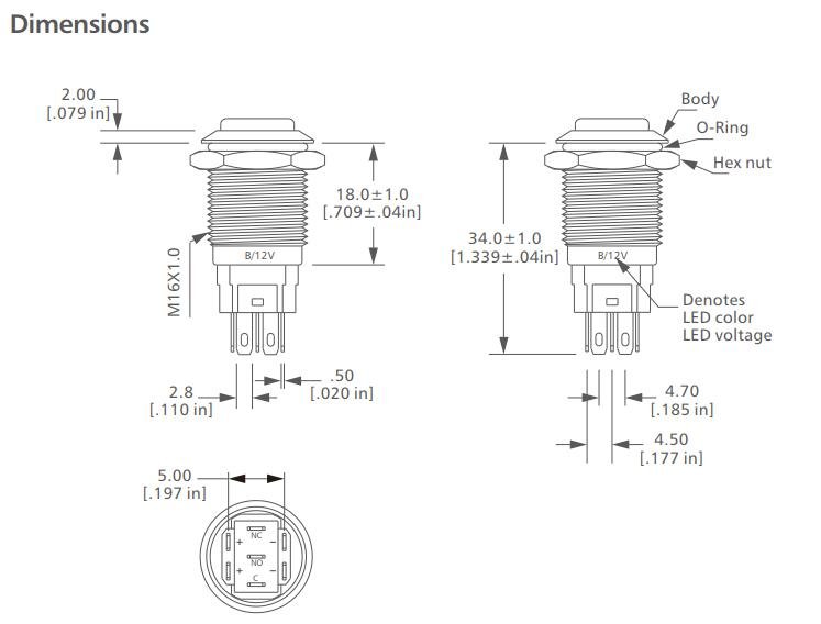 L16T Series nickel plated brass Anti vandal switch drawing
