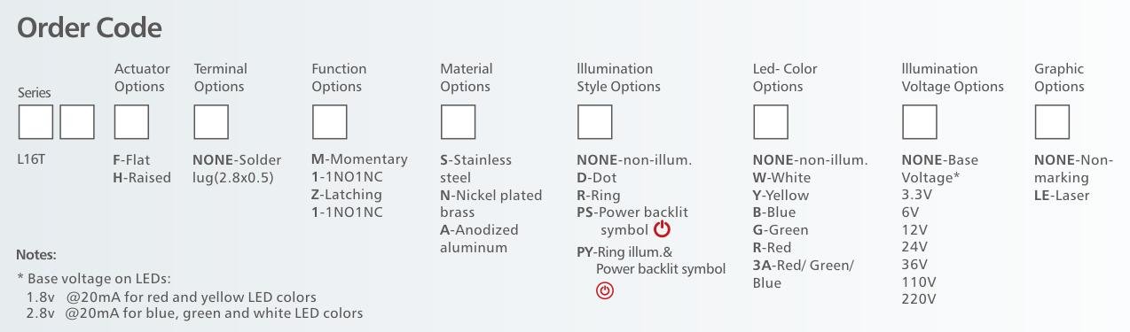 L16T Series power backlit symbol Anti vandal switch order code