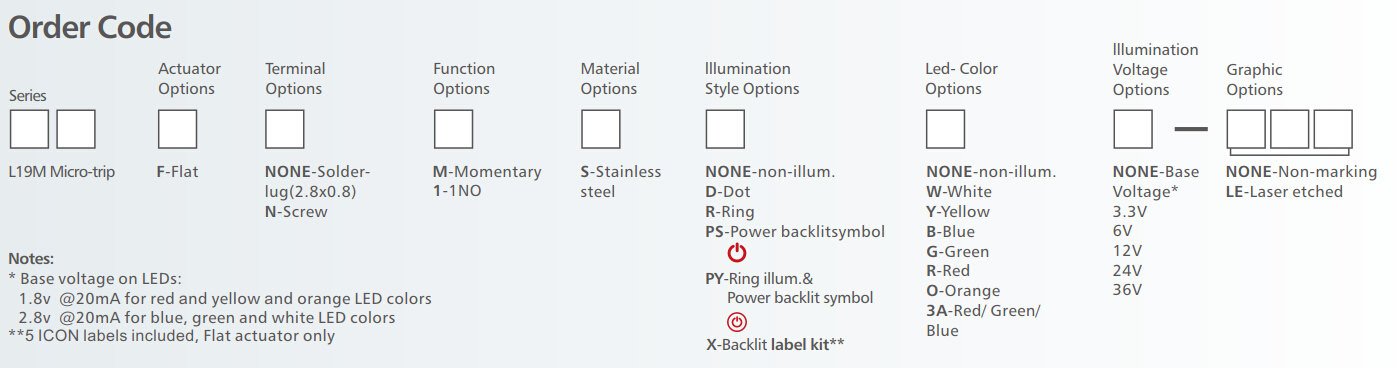 L19M Series copper alloy terminal Anti vandal switch order code