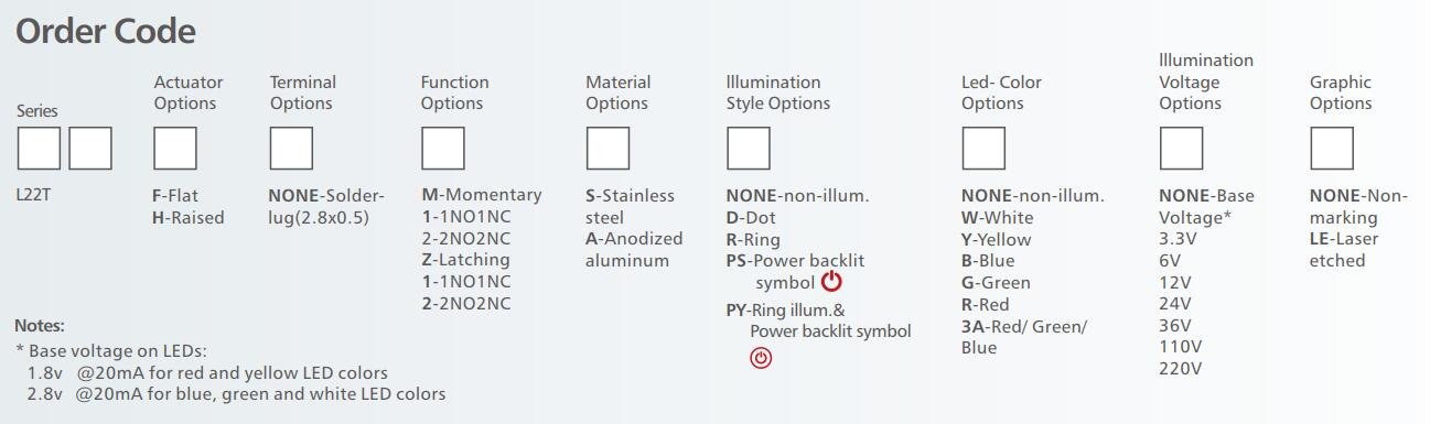 L22T Series solder lug Anti vandal switch order code