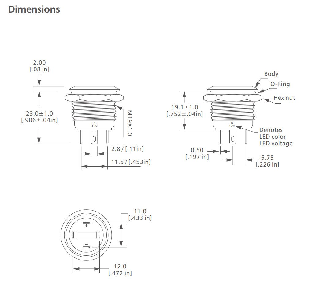 LS19 Series engraved power symbol Anti vandal switch drawing