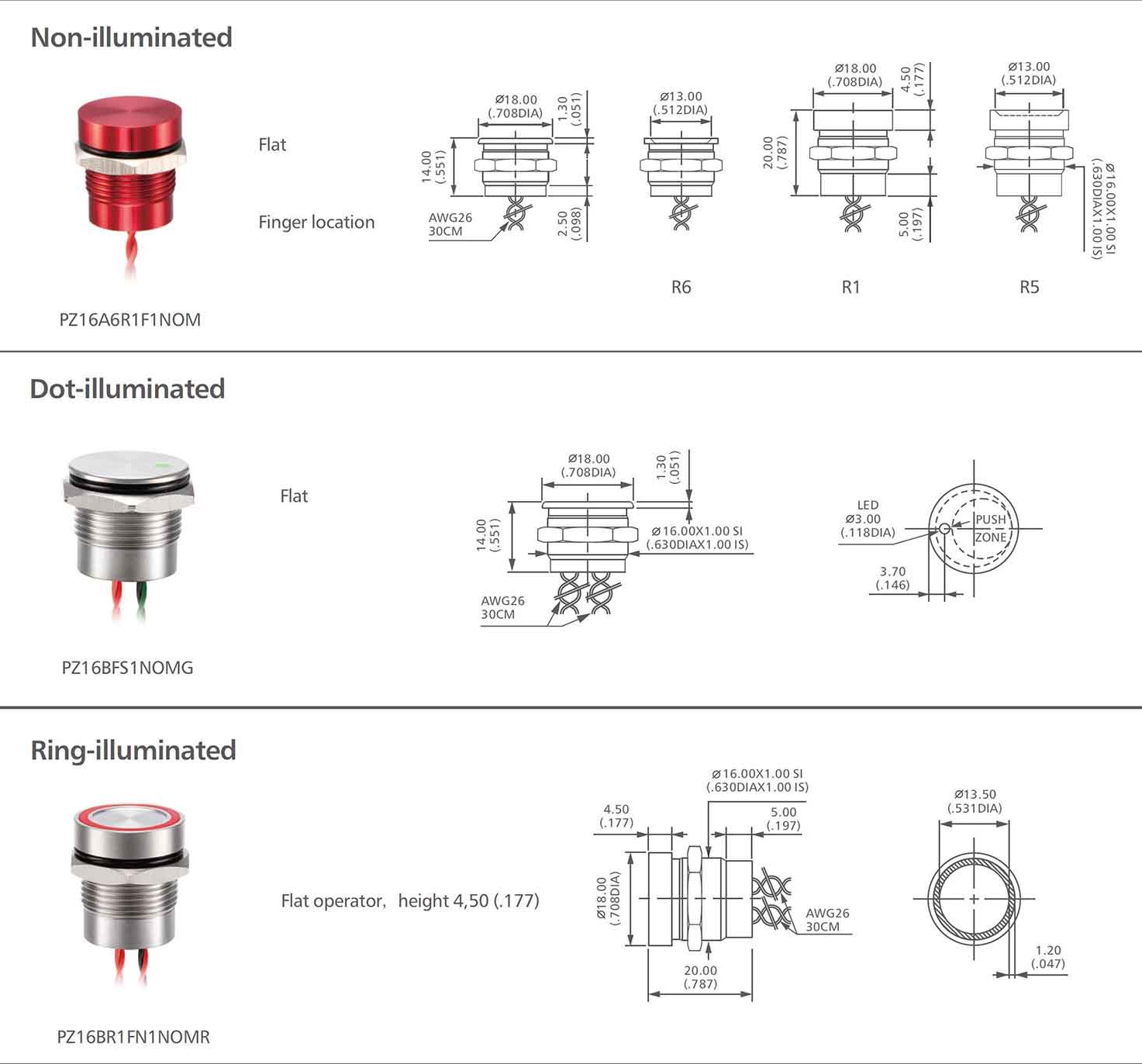 PZ16 Series NO prolongated pulse piezo switch switch drawing