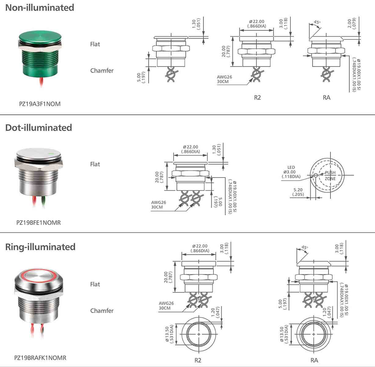 PZ19 Series illuminated piezo switch switch drawing