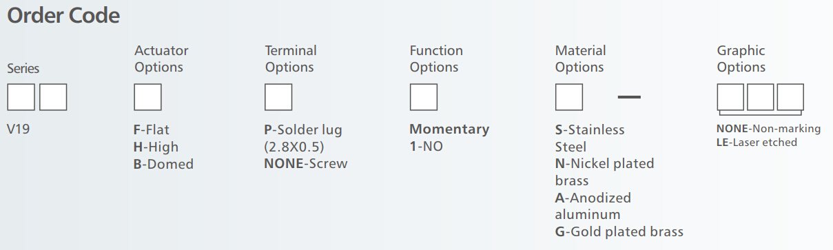 V19 Series normally open Anti vandal switch order code
