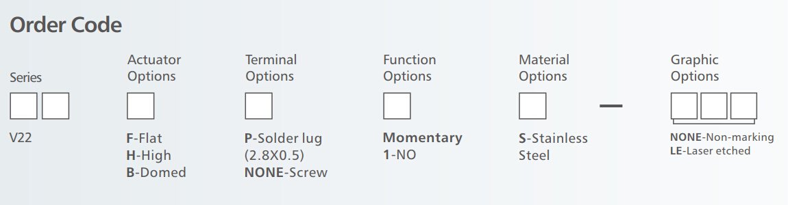 V22 Series mechanical Anti vandal switch order code