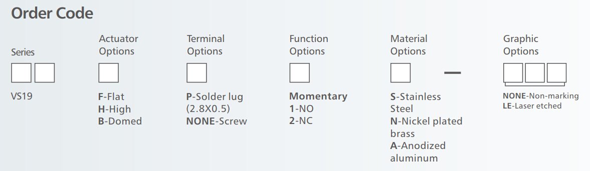 VS19 Series pin terminal Anti vandal switch order code