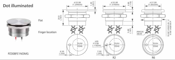 6- dot illuminated 30mm push button switch actuator