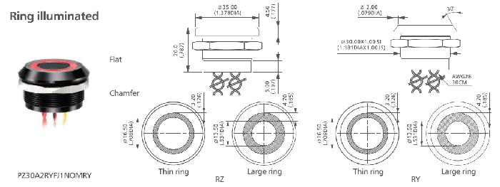 7-ring illuminated 30mm push button switch actuator