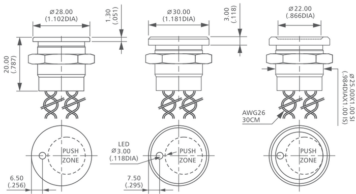 Figure 13 - Dimensions of dot-illuminated piezo 25mm push button switch
