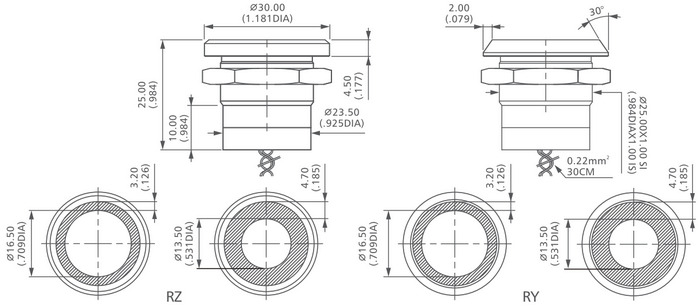 Figure 16 - Dimensions of capacitive 25mm push-button switch