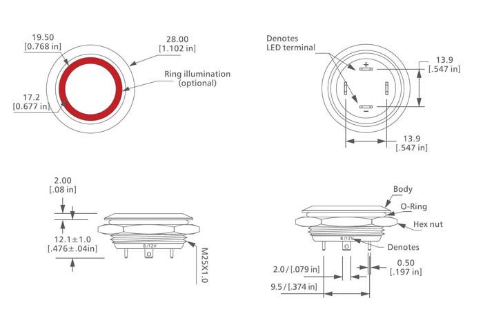 Figure 6 - Dimensions of momentary ultra short anti-vandal push-button switch