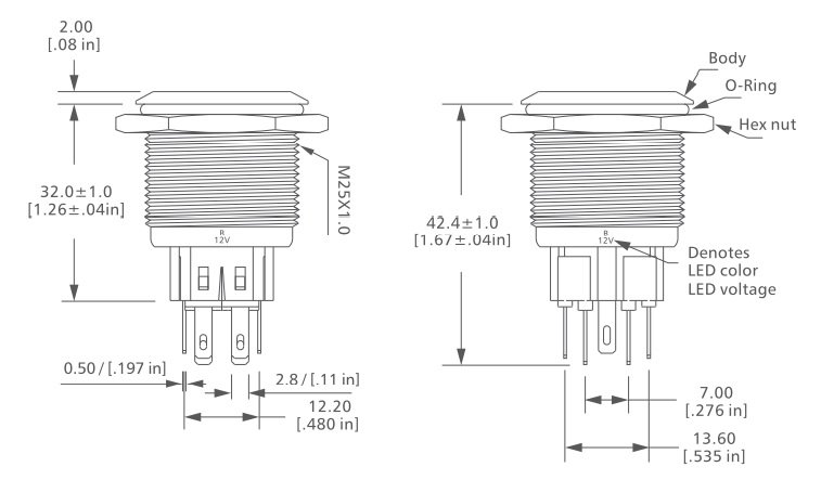 Figure 7 - Dimensions of latching anti-vandal push-button switch