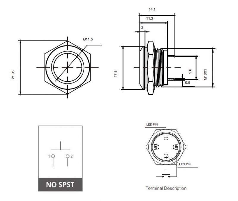 3-L16U Flat Round Anti Vandal Switch Drawing