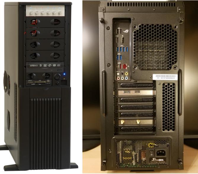 Front and back of a computer's sytem unit with visible power push button switch