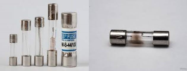 Different sizes of fuse and a blown fuse